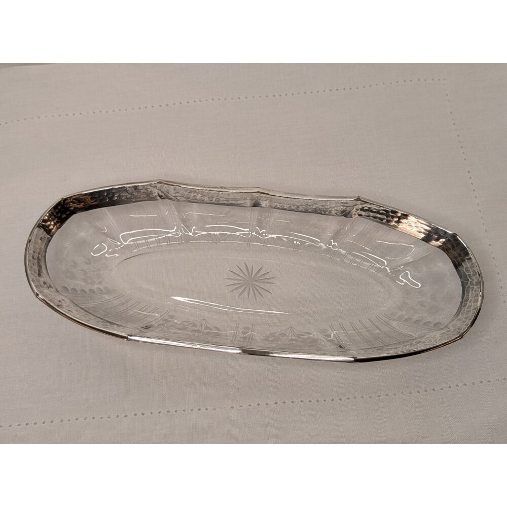 Vintage Oval Cut Glass Celery Dish With Floral Etching & Silver-Plated Rim 11"
